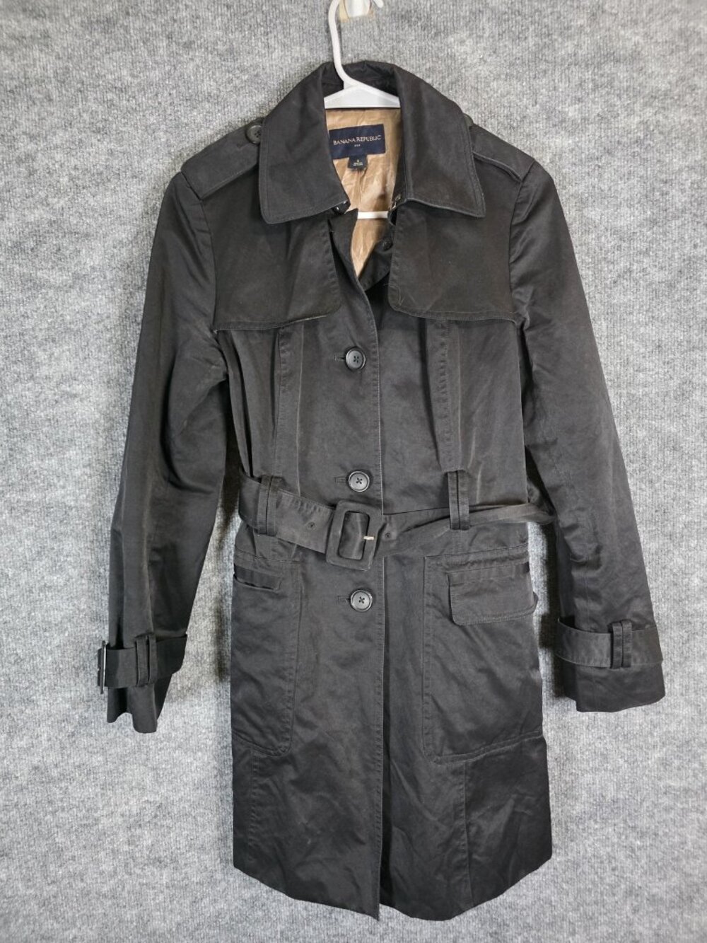 Banana Republic Trench Coat Womens Small Black Belted Lined Twill Classic Style